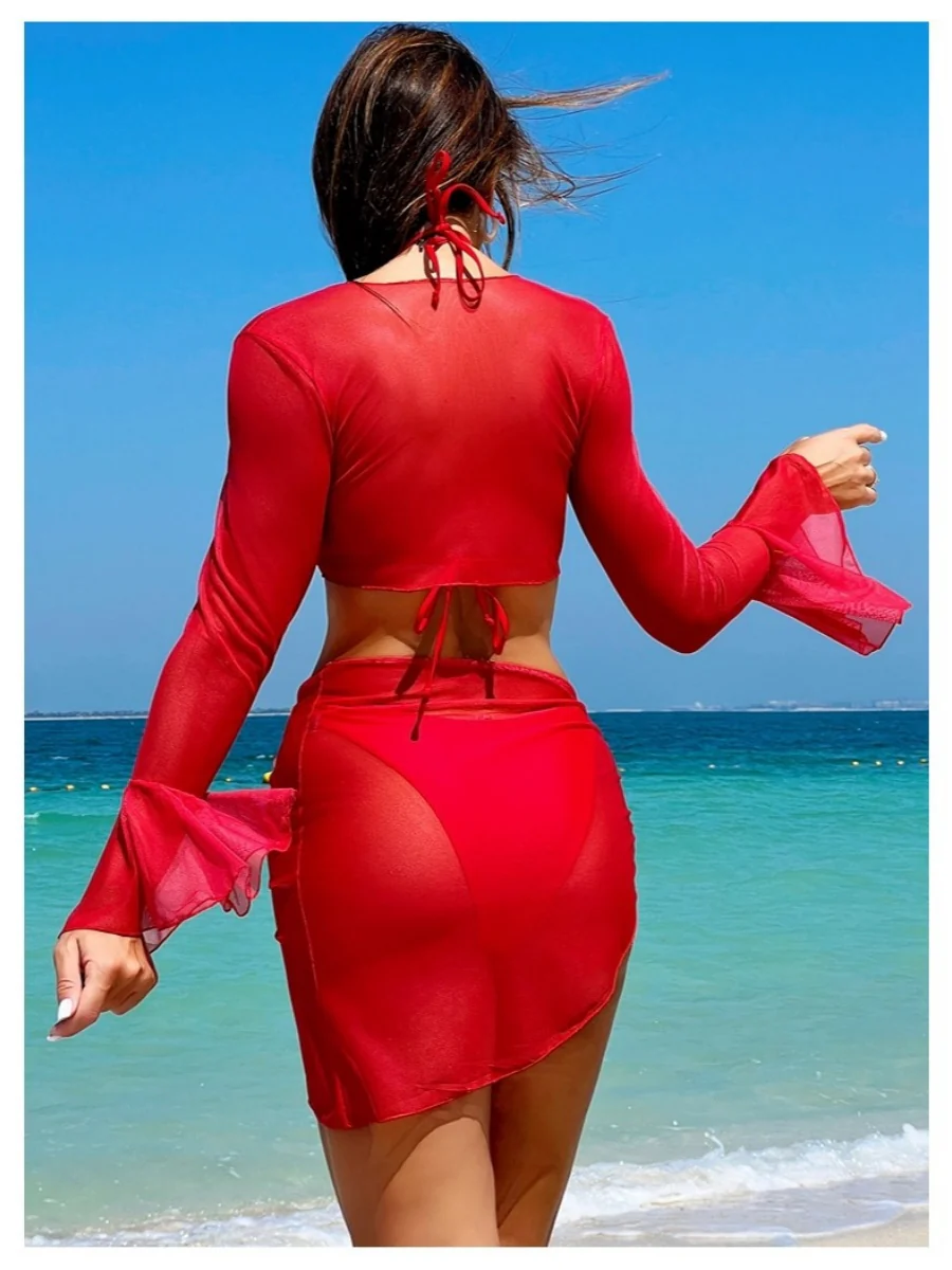 3D Floral Decoration Two-piece Bikini Sun Protection Beachwear Four-piece Set - Image 4