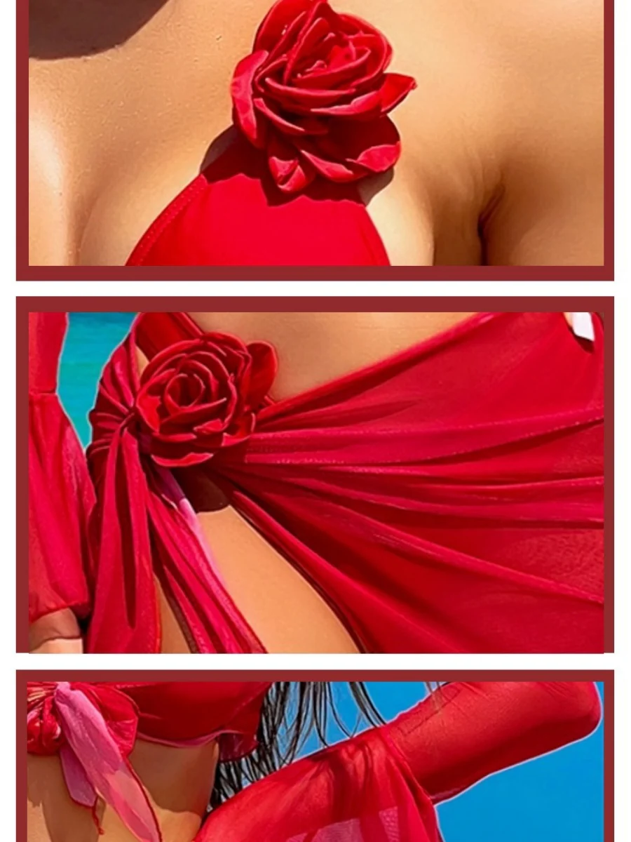3D Floral Decoration Two-piece Bikini Sun Protection Beachwear Four-piece Set - Image 5
