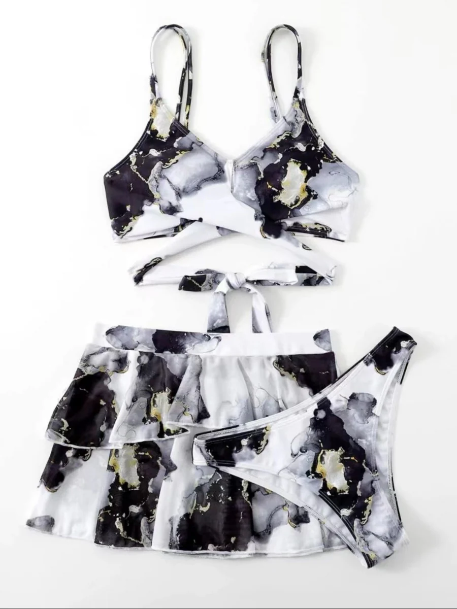 Marble Print Bikini Beach Dress Three-Piece Set - Image 12