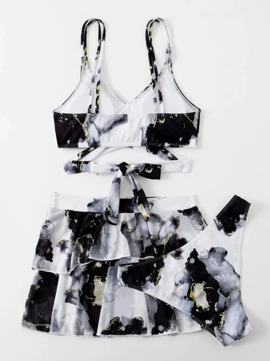 Marble Print Bikini Beach Dress Three-Piece Set - Image 13