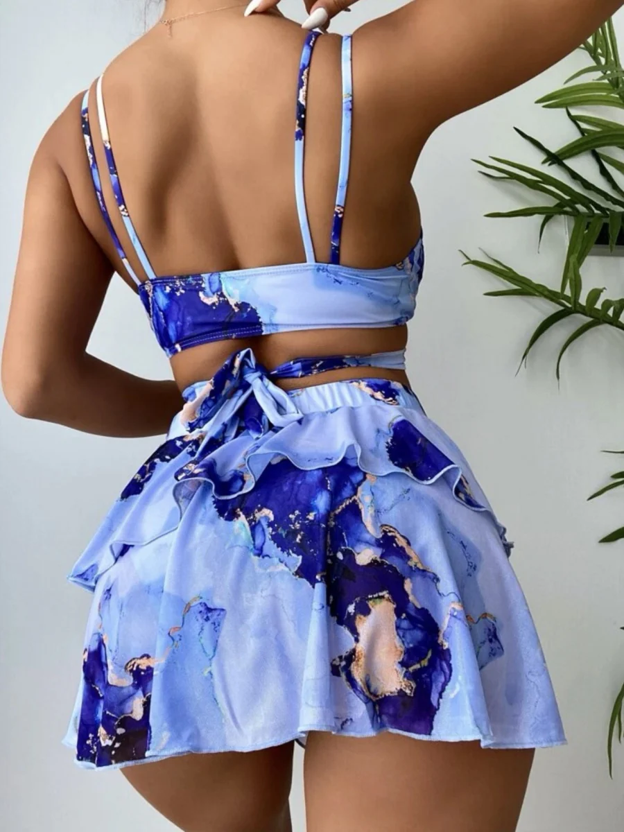 Marble Print Bikini Beach Dress Three-Piece Set - Image 2