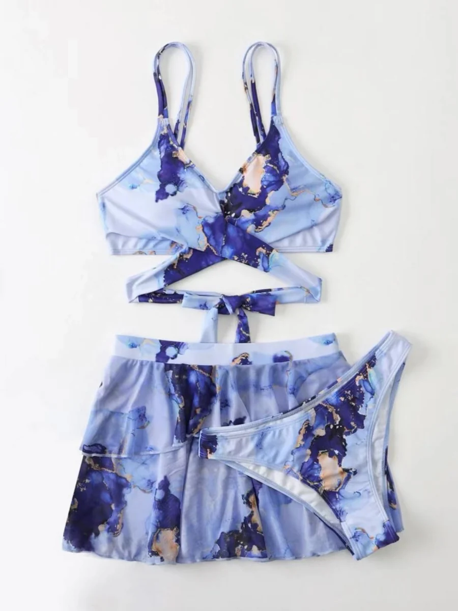 Marble Print Bikini Beach Dress Three-Piece Set - Image 4