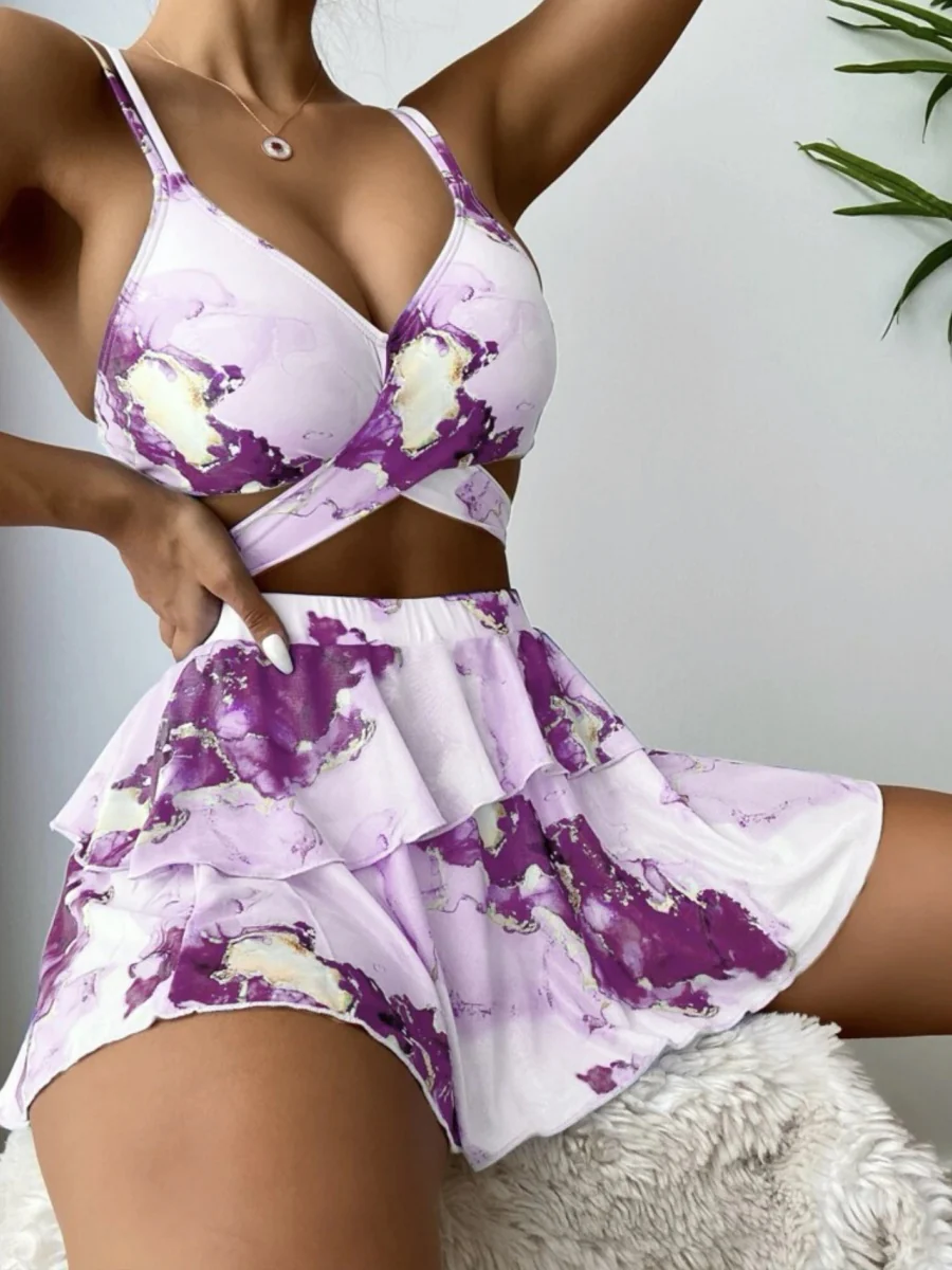 Marble Print Bikini Beach Dress Three-Piece Set - Image 5