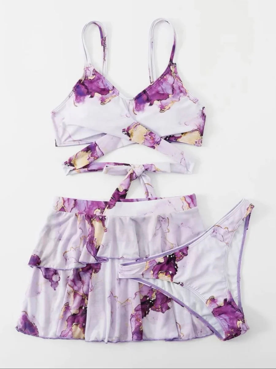 Marble Print Bikini Beach Dress Three-Piece Set - Image 7