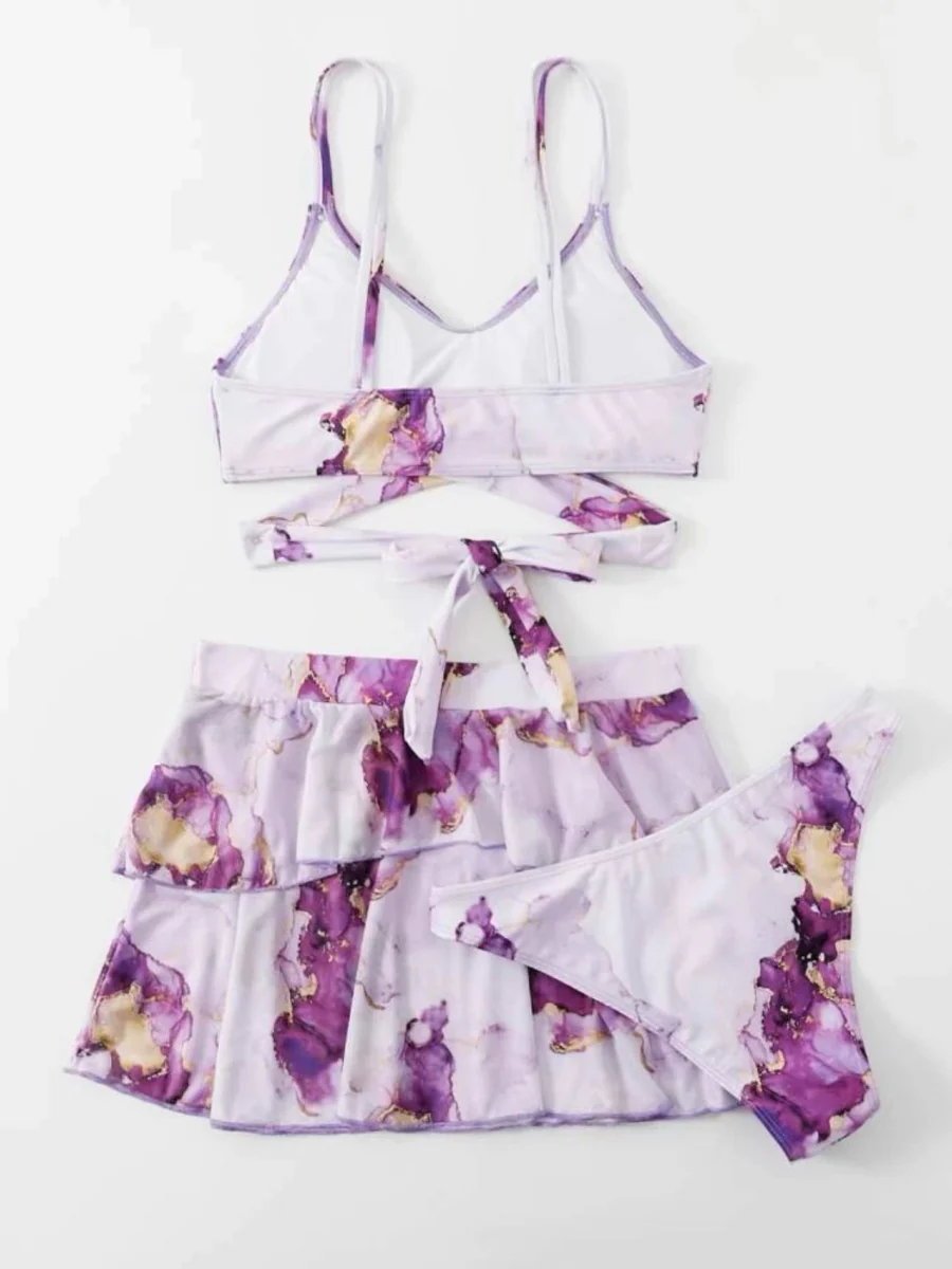 Marble Print Bikini Beach Dress Three-Piece Set - Image 9