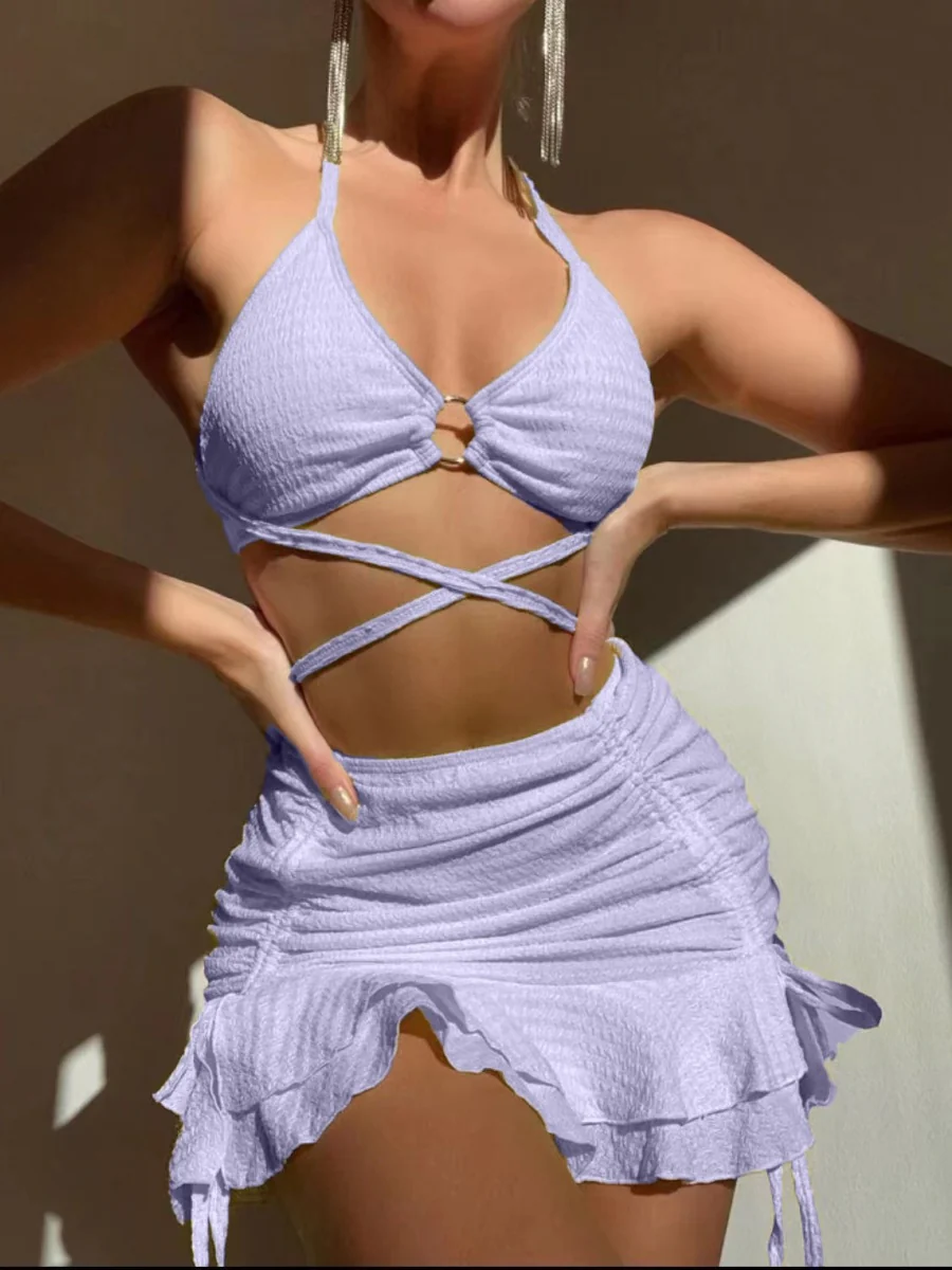 Textured Fabric Strappy Bikini Three-piece Set - Image 11