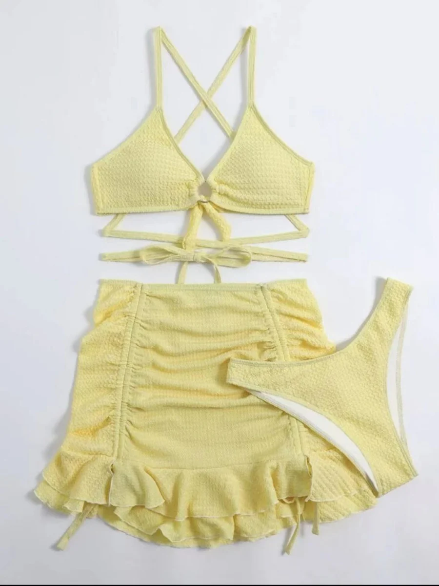 Textured Fabric Strappy Bikini Three-piece Set - Image 2
