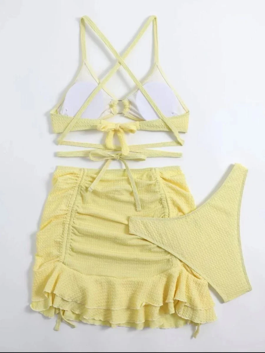 Textured Fabric Strappy Bikini Three-piece Set - Image 3