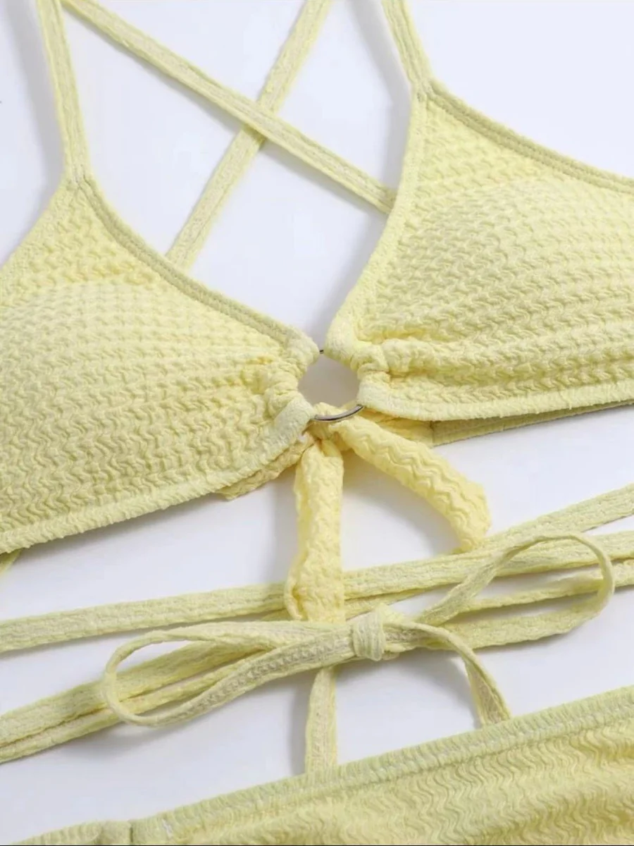 Textured Fabric Strappy Bikini Three-piece Set - Image 4