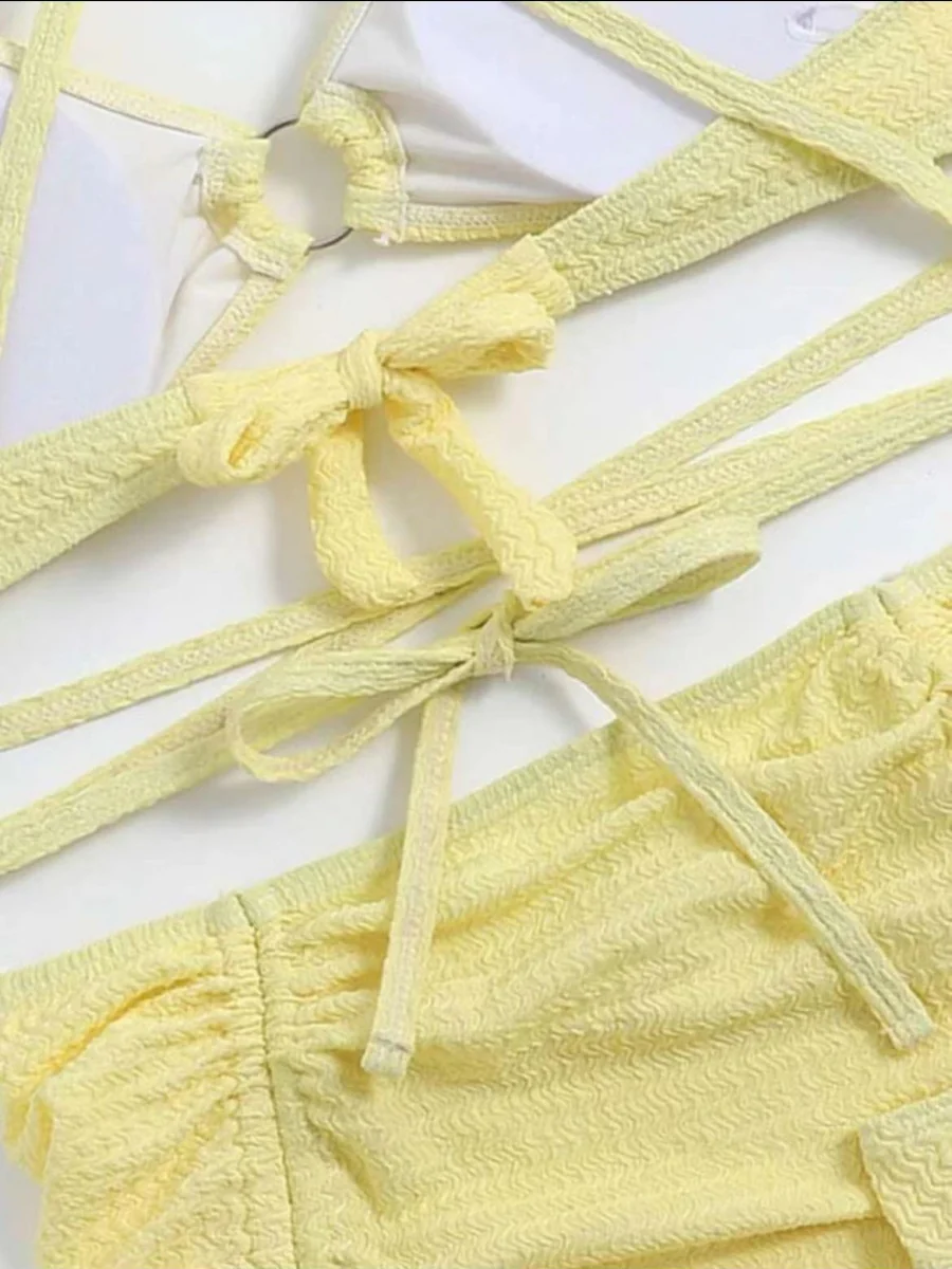 Textured Fabric Strappy Bikini Three-piece Set - Image 5