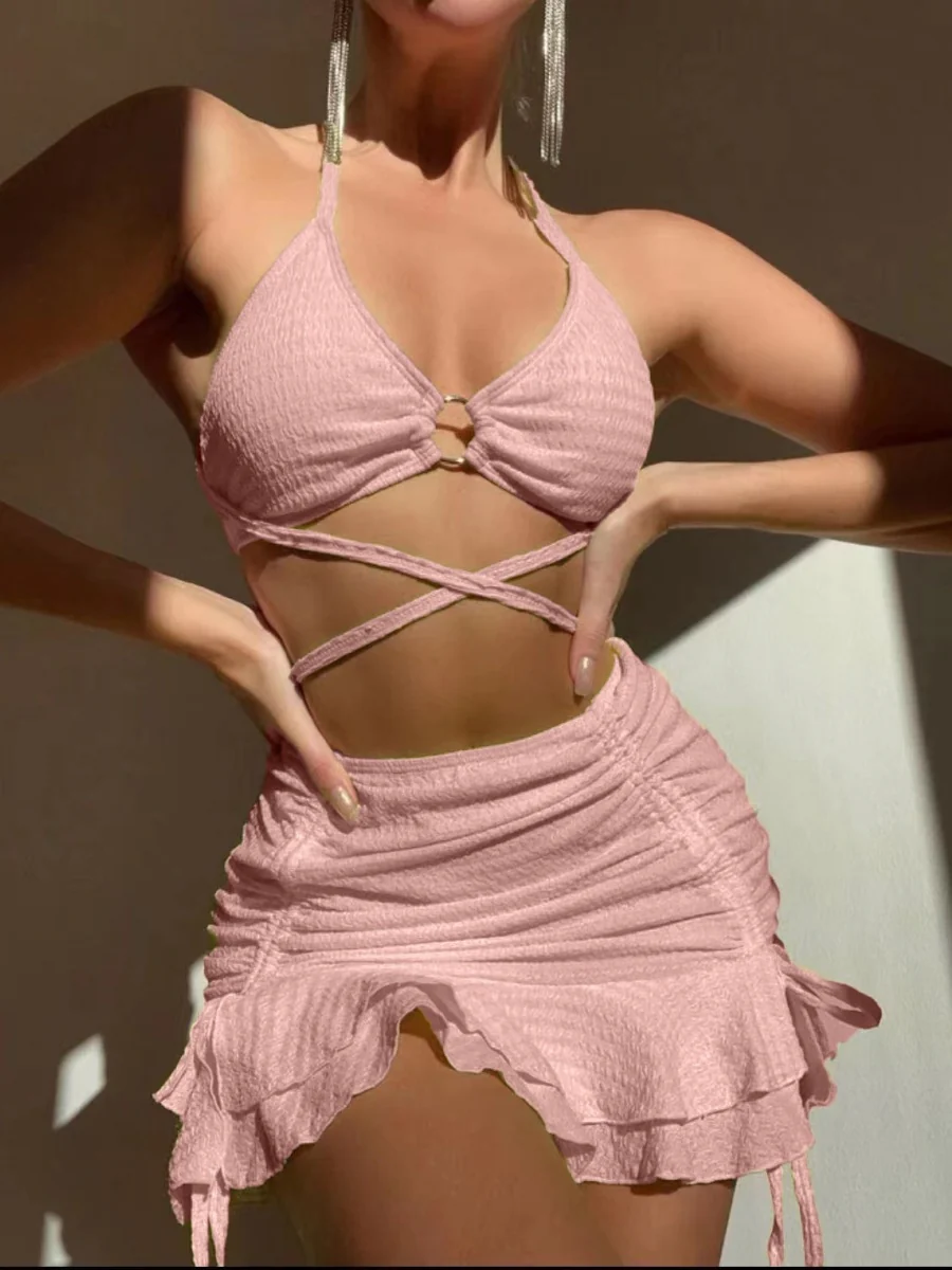 Textured Fabric Strappy Bikini Three-piece Set - Image 7