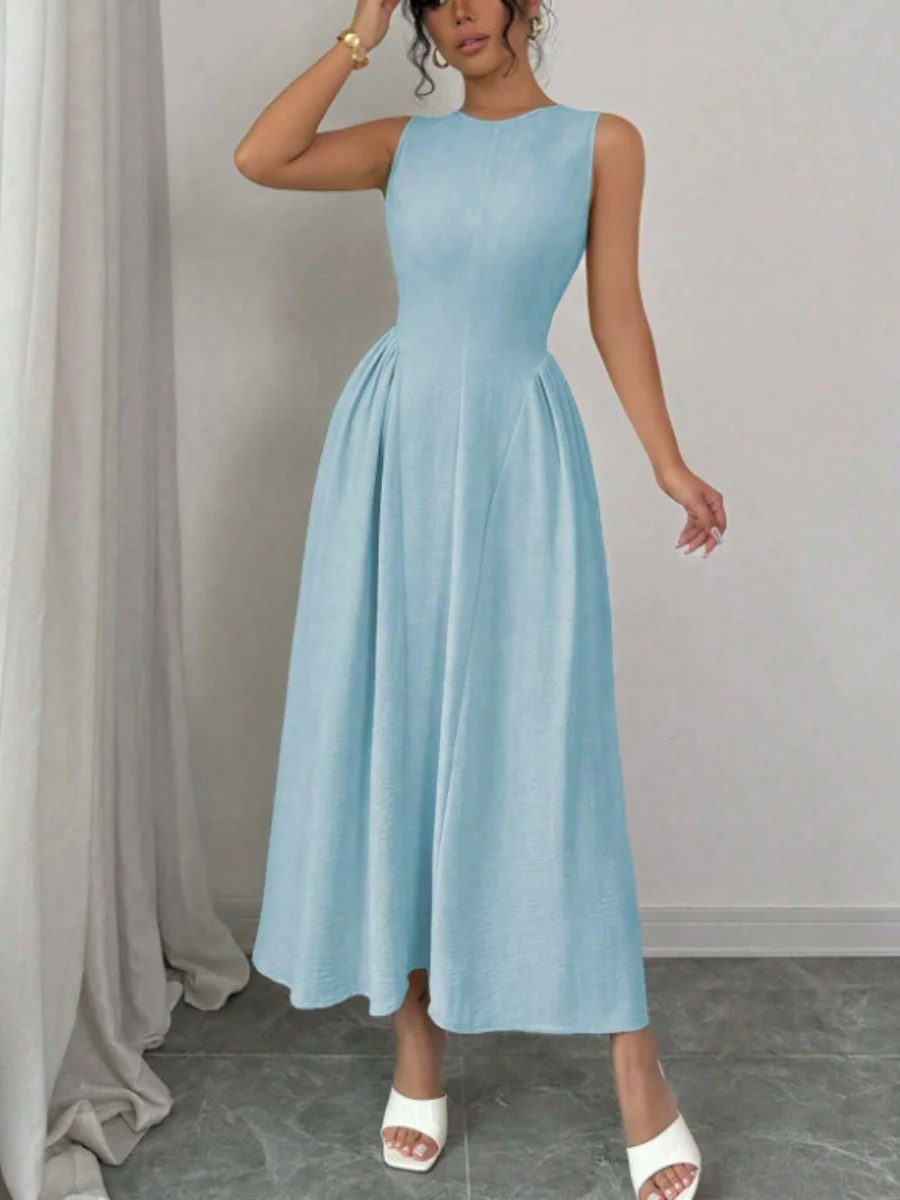 Sleeveless Round Neck Patchwork Solid Color Maxi Dresses
