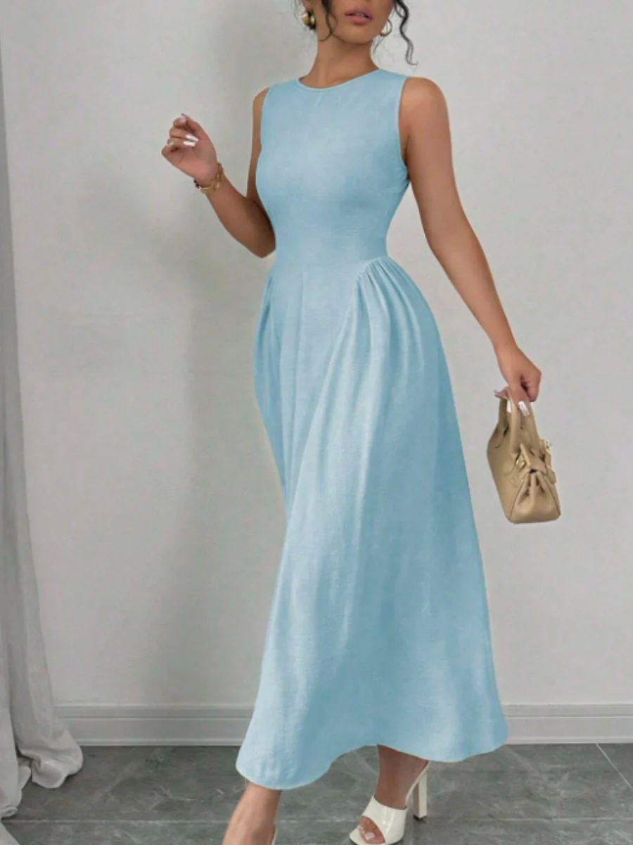 Sleeveless Round Neck Patchwork Solid Color Maxi Dresses - Image 3
