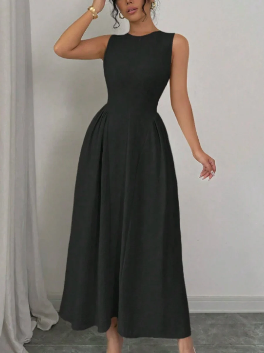 Sleeveless Round Neck Patchwork Solid Color Maxi Dresses - Image 4