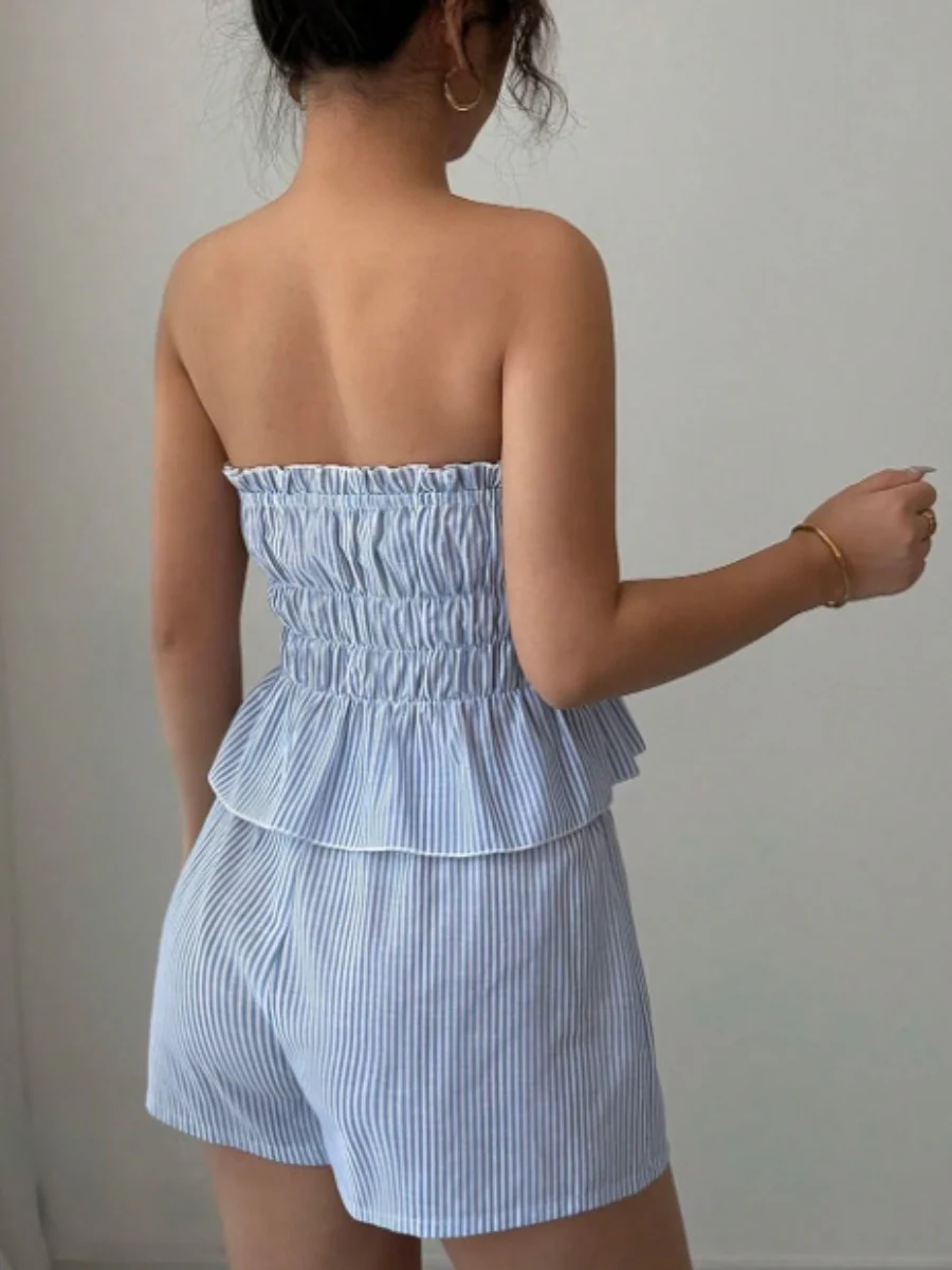 Strapless Striped Ruffled Crop Top And Elastic Waist Shorts Two-piece Set - Image 2