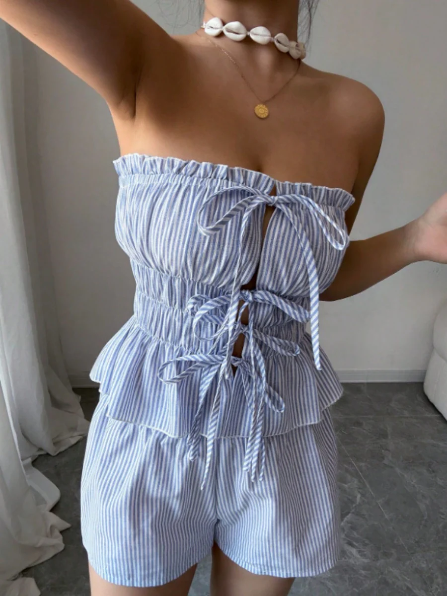 Strapless Striped Ruffled Crop Top And Elastic Waist Shorts Two-piece Set - Image 3