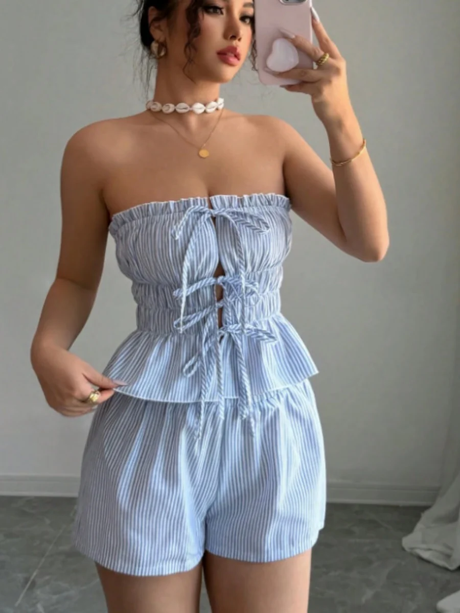 Strapless Striped Ruffled Crop Top And Elastic Waist Shorts Two-piece Set - Image 4