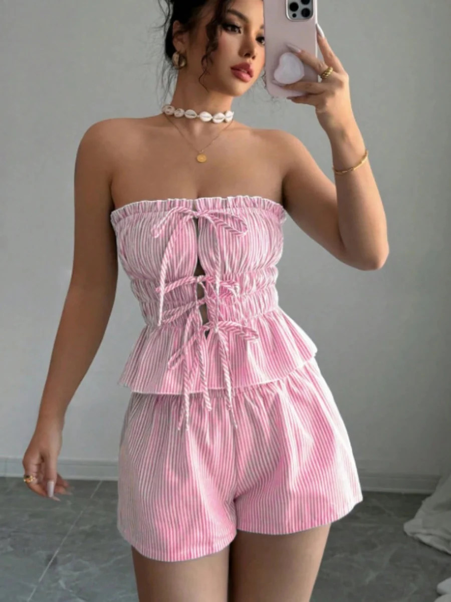 Strapless Striped Ruffled Crop Top And Elastic Waist Shorts Two-piece Set - Image 5