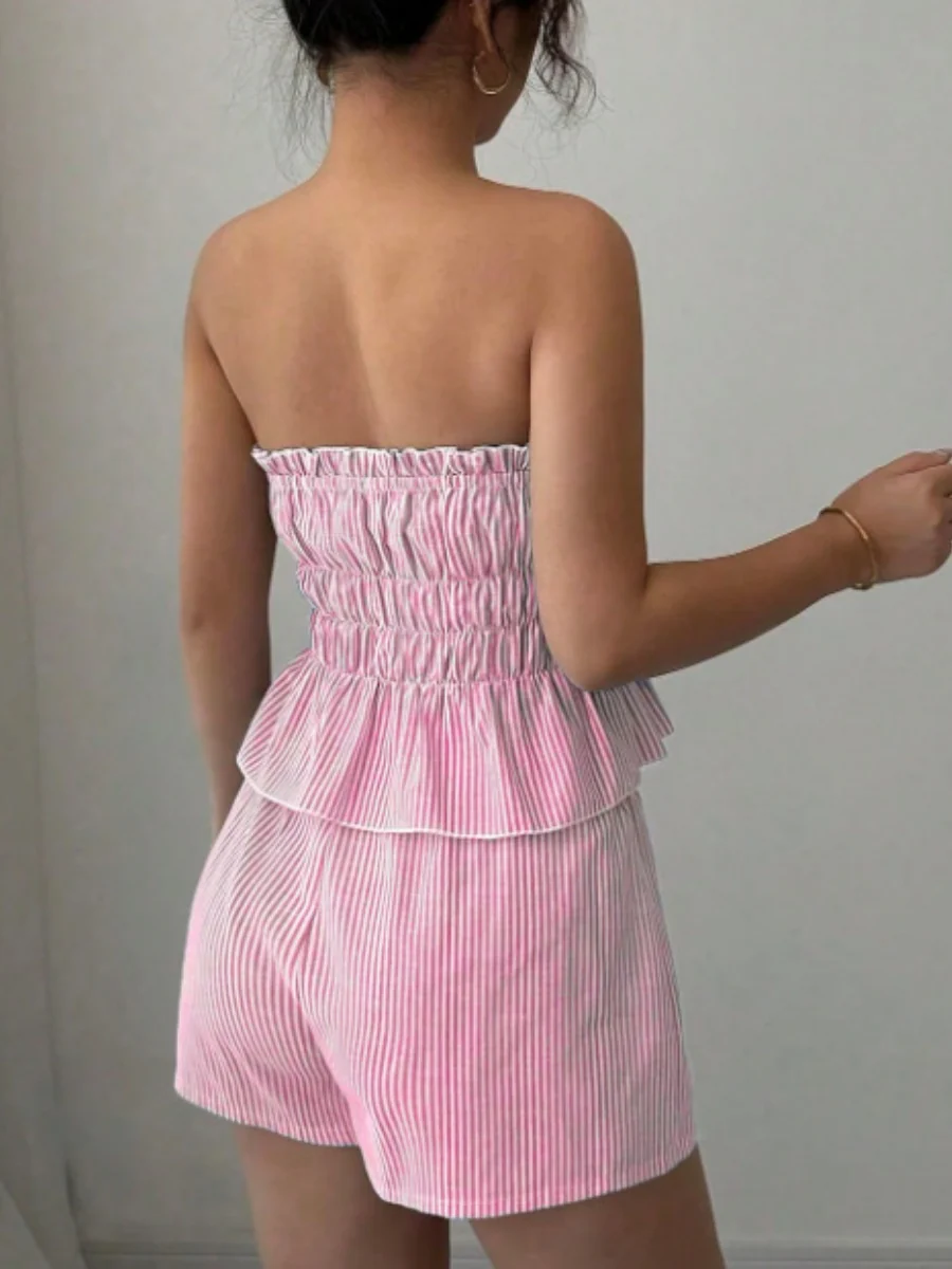 Strapless Striped Ruffled Crop Top And Elastic Waist Shorts Two-piece Set - Image 6