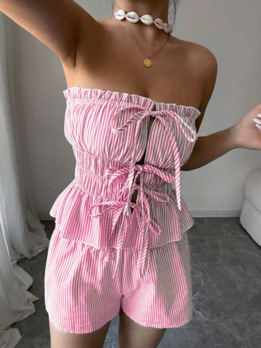 Strapless Striped Ruffled Crop Top And Elastic Waist Shorts Two-piece Set - Image 8