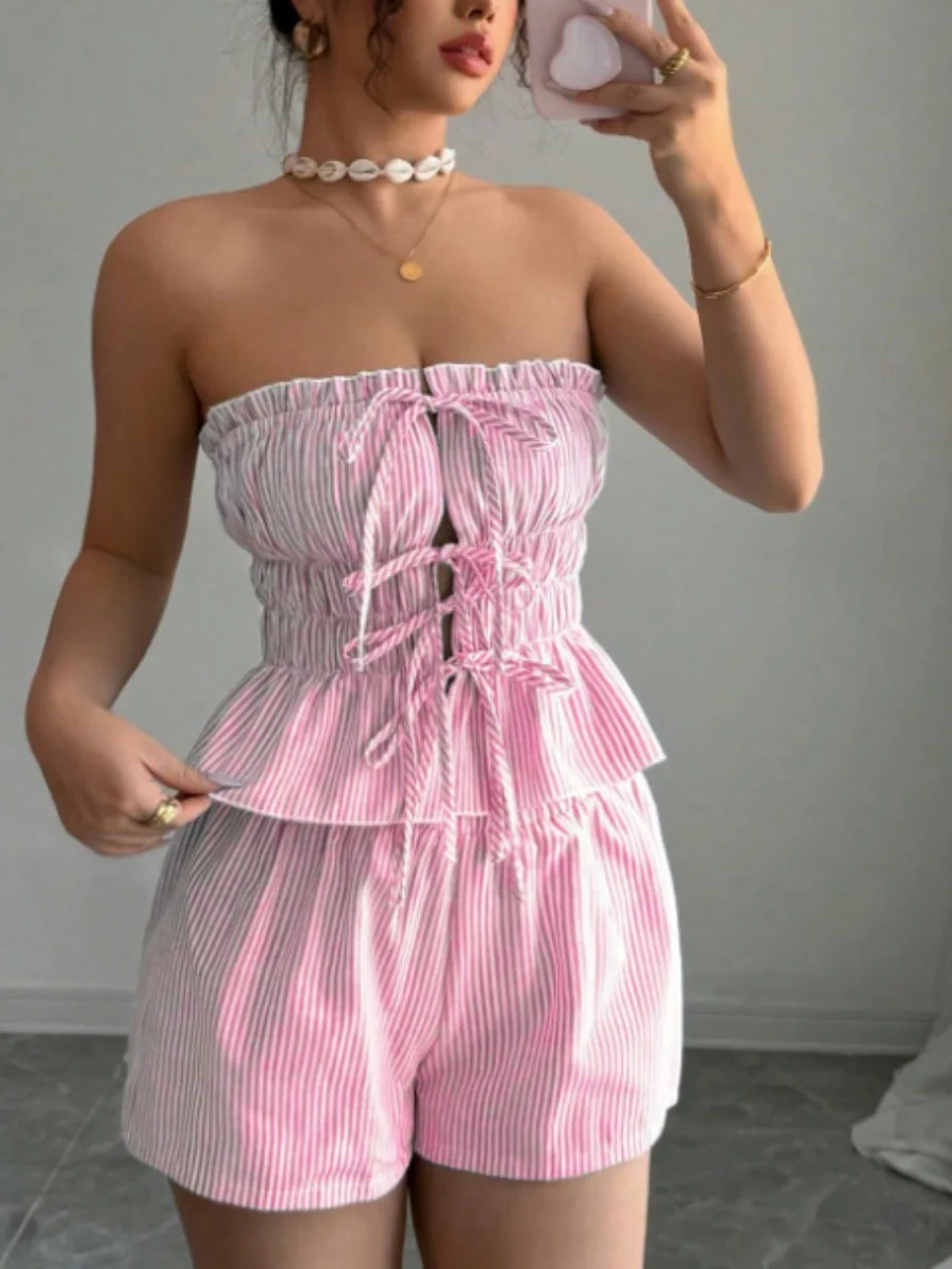 Strapless Striped Ruffled Crop Top And Elastic Waist Shorts Two-piece Set - Image 9
