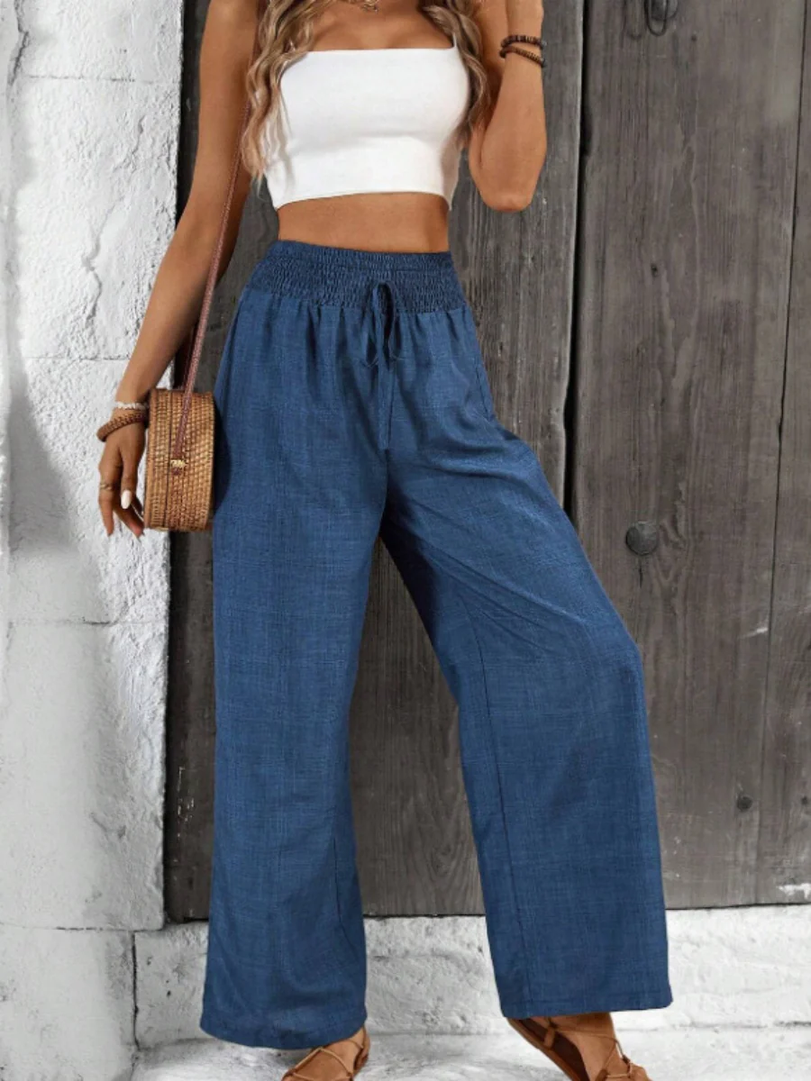 Dark Blue Pleated Waist Loose Wide-leg Straight Trousers - Image 3