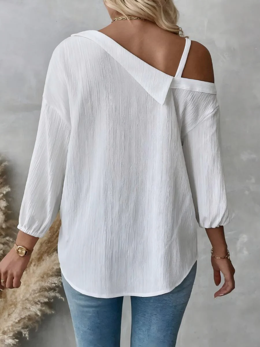 Loose-fitting Casual Button-down Off-shoulder Long-sleeved Shirt - Image 3