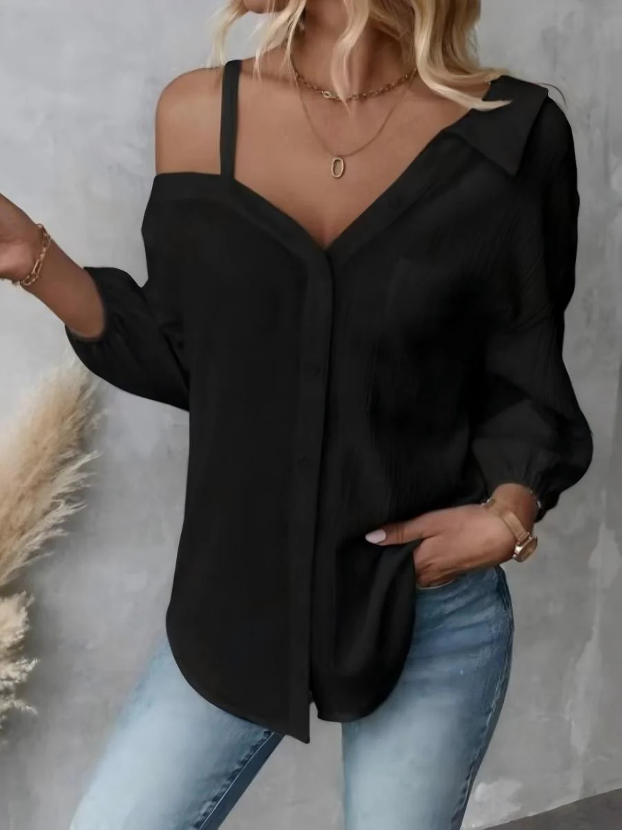 Loose-fitting Casual Button-down Off-shoulder Long-sleeved Shirt - Image 4