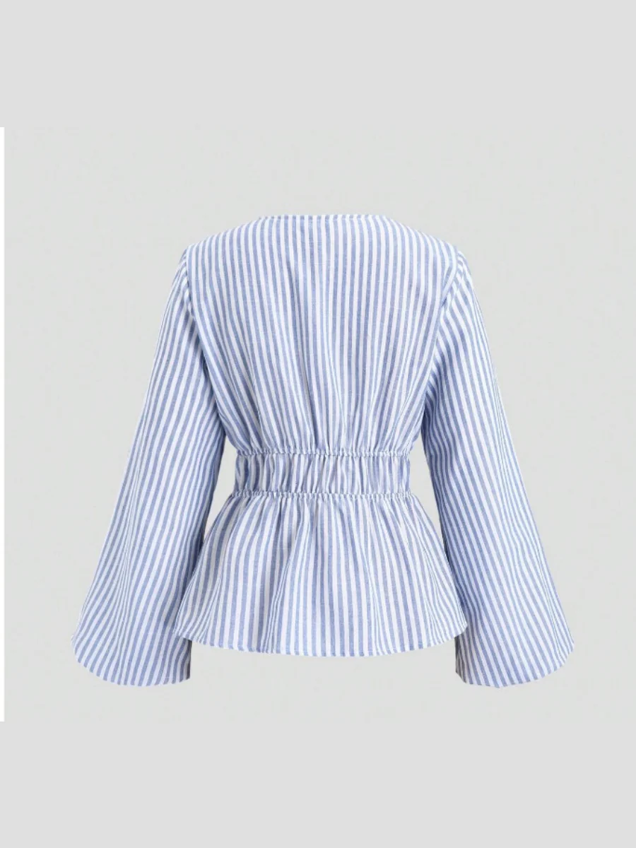 V-neck Long-sleeved Striped Bow-tie Shirt - Image 2