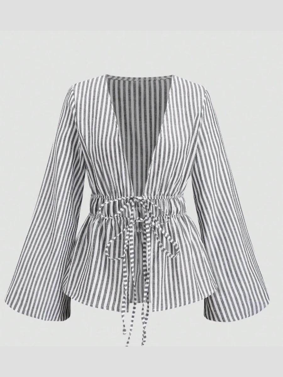 V-neck Long-sleeved Striped Bow-tie Shirt - Image 3