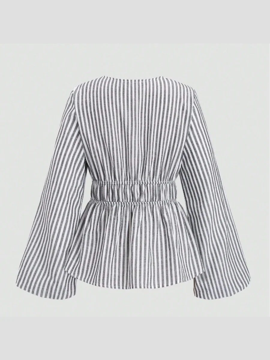 V-neck Long-sleeved Striped Bow-tie Shirt - Image 4