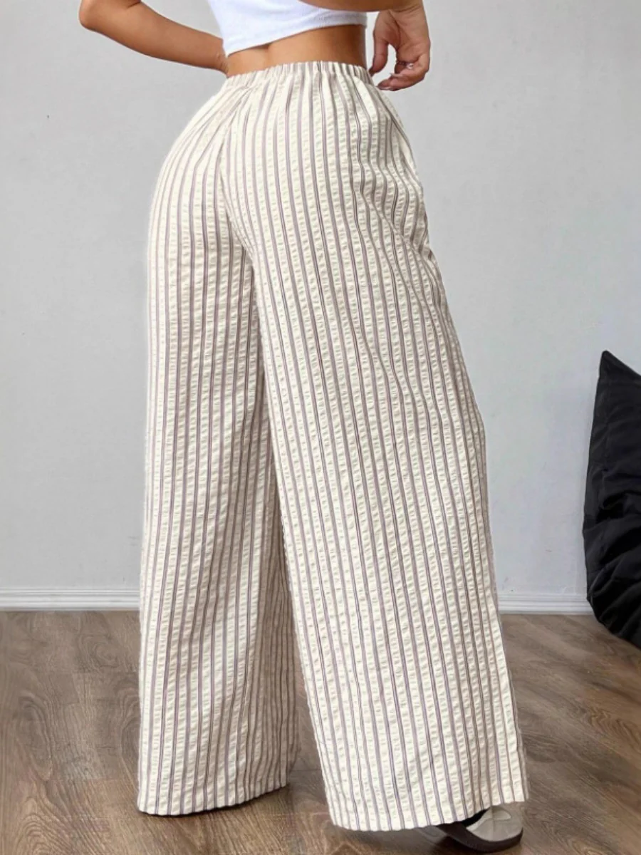Apricot Striped Elastic Waist Striped Casual Straight Leg Trousers - Image 2