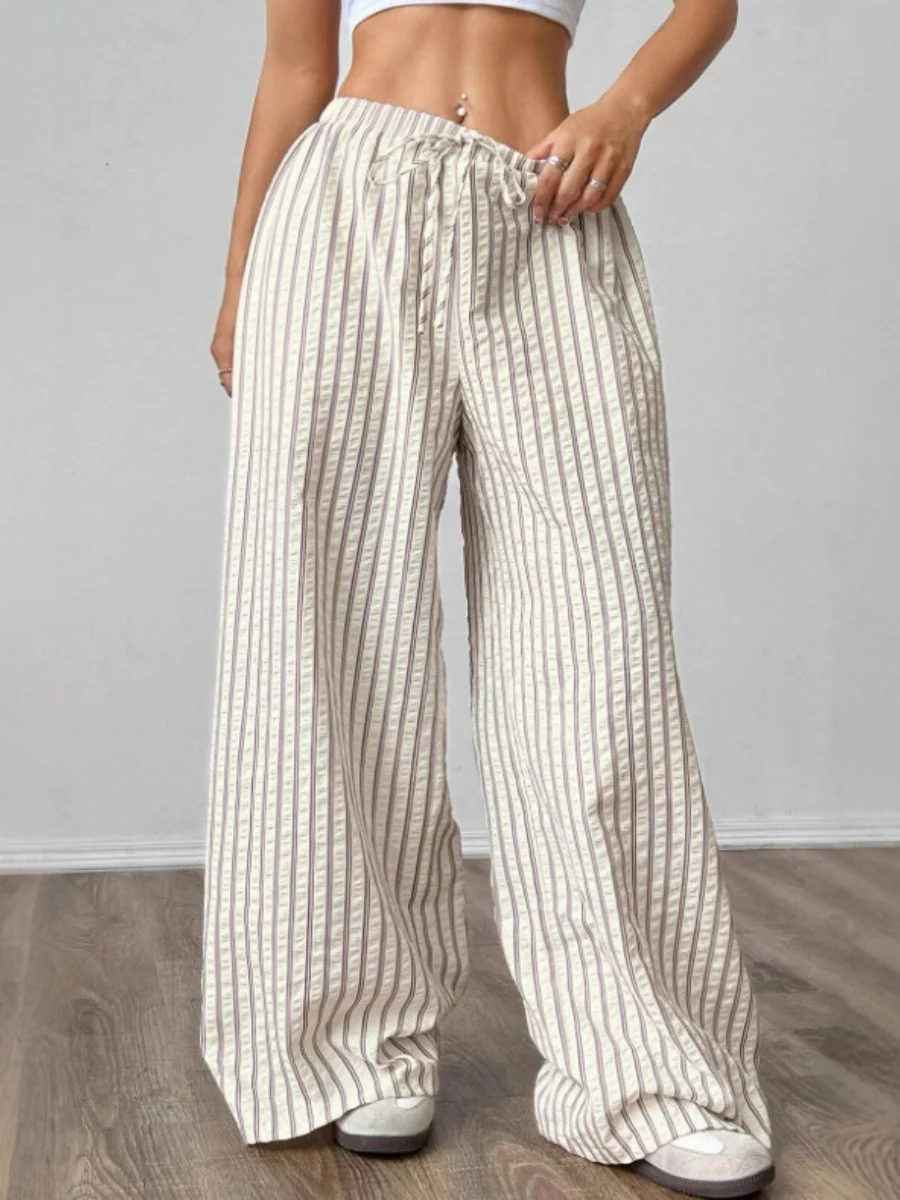Apricot Striped Elastic Waist Striped Casual Straight Leg Trousers - Image 3