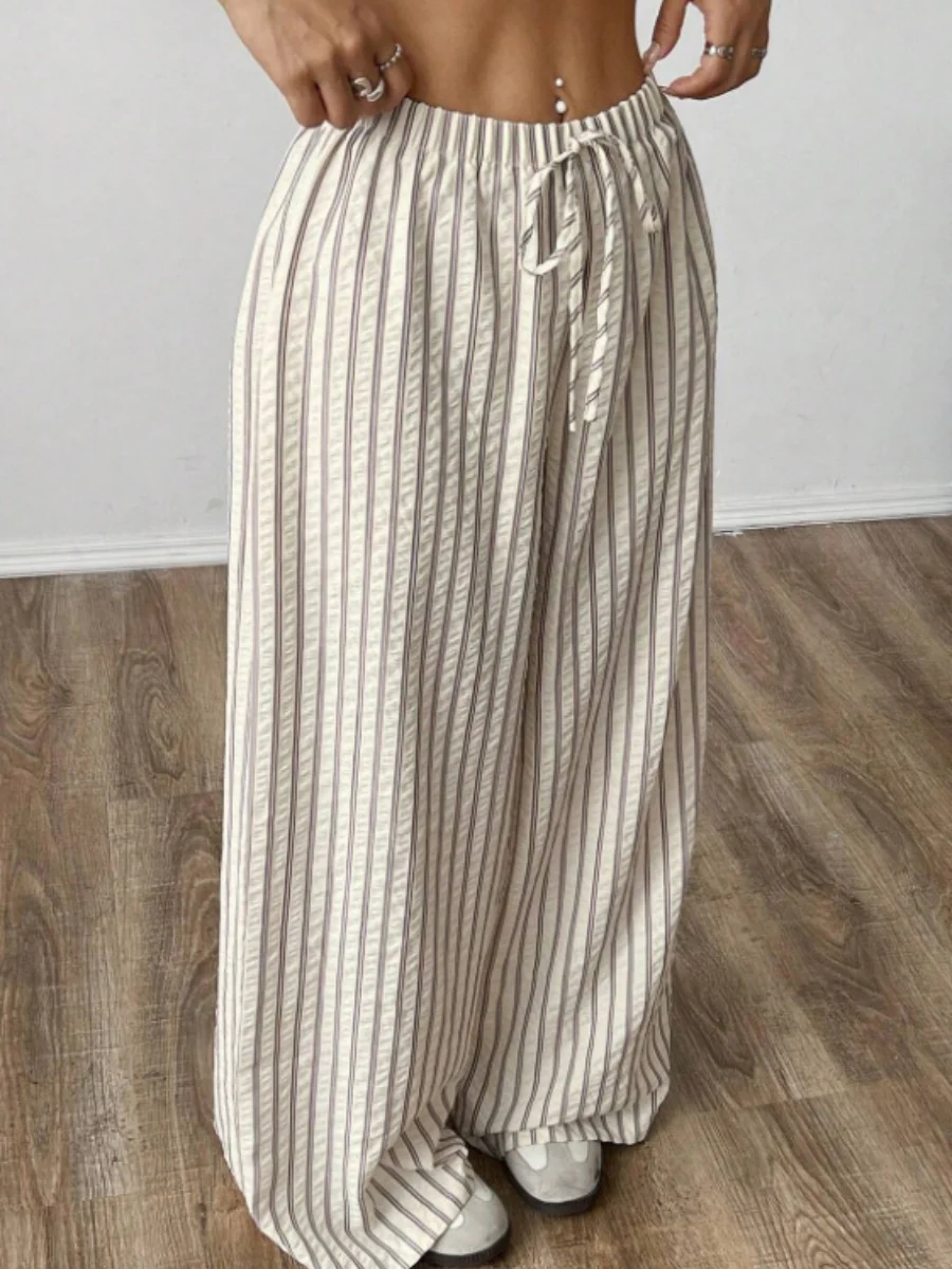 Apricot Striped Elastic Waist Striped Casual Straight Leg Trousers - Image 4
