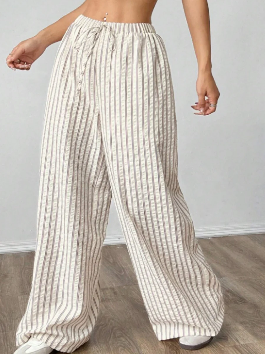 Apricot Striped Elastic Waist Striped Casual Straight Leg Trousers - Image 5