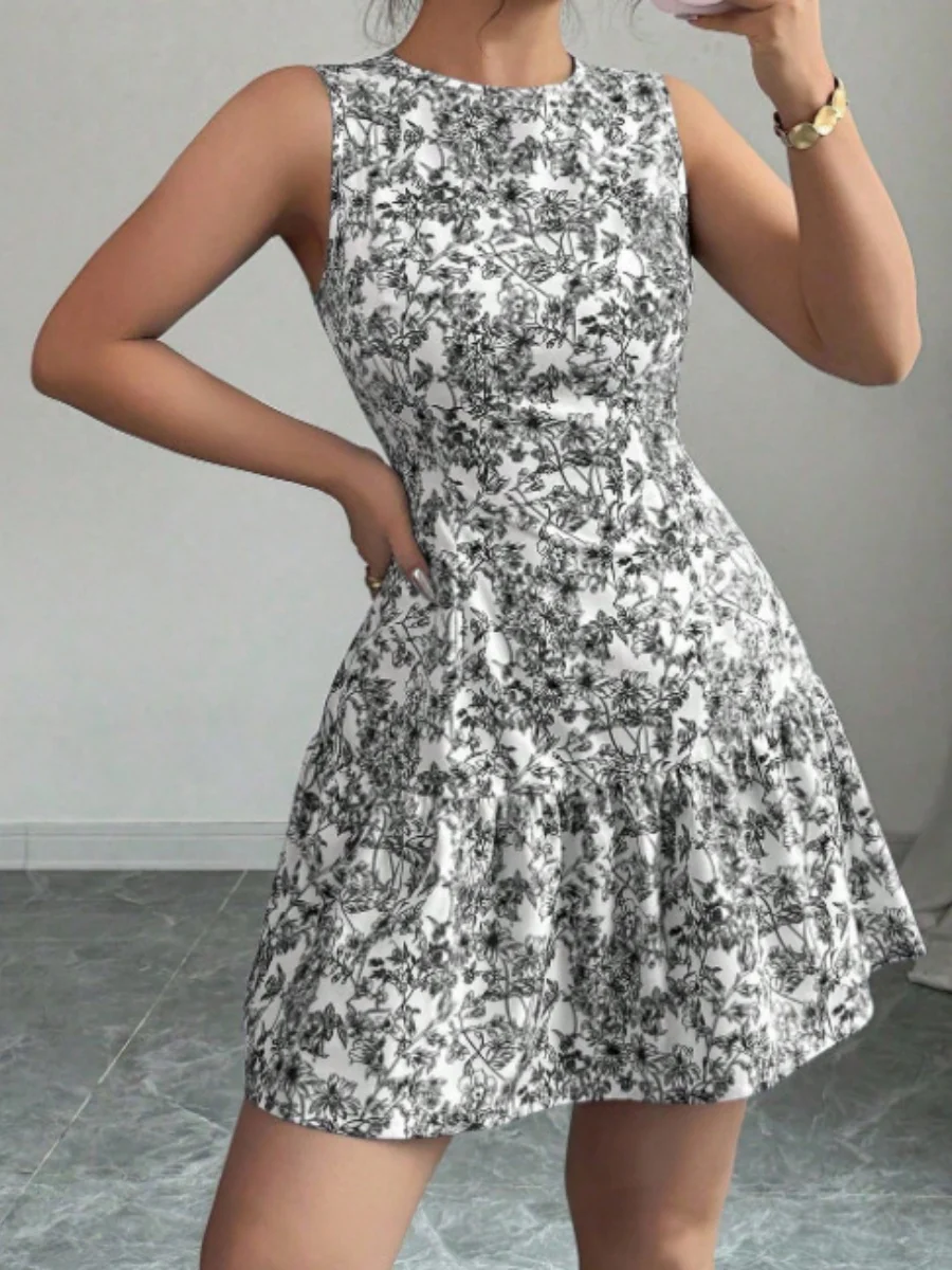 Bohemian Style French Elegance Floral Print Sleeveless Belted Short Dress - Image 10
