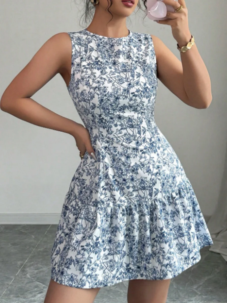 Bohemian Style French Elegance Floral Print Sleeveless Belted Short Dress - Image 14
