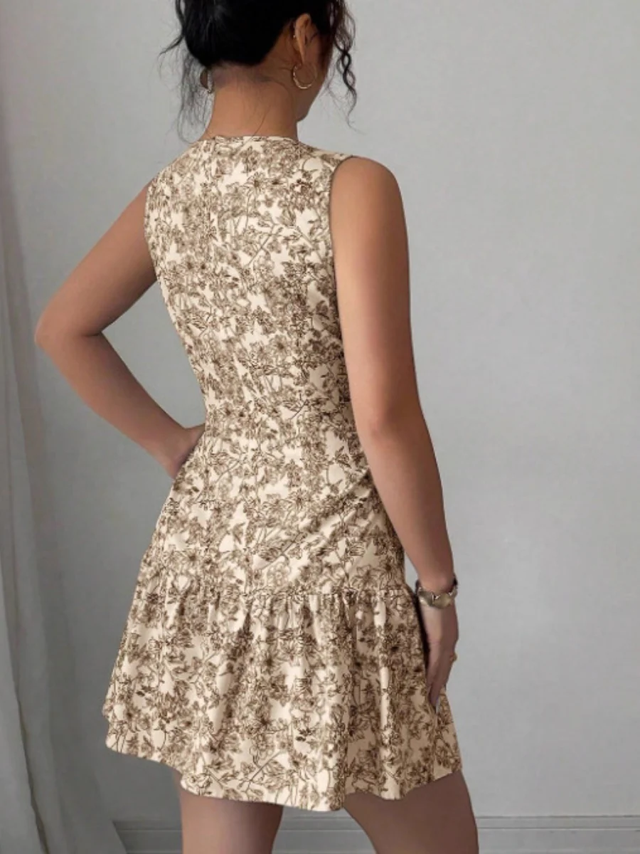 Bohemian Style French Elegance Floral Print Sleeveless Belted Short Dress - Image 2
