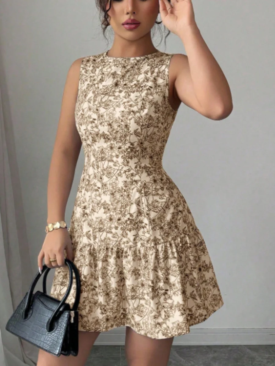 Bohemian Style French Elegance Floral Print Sleeveless Belted Short Dress - Image 3