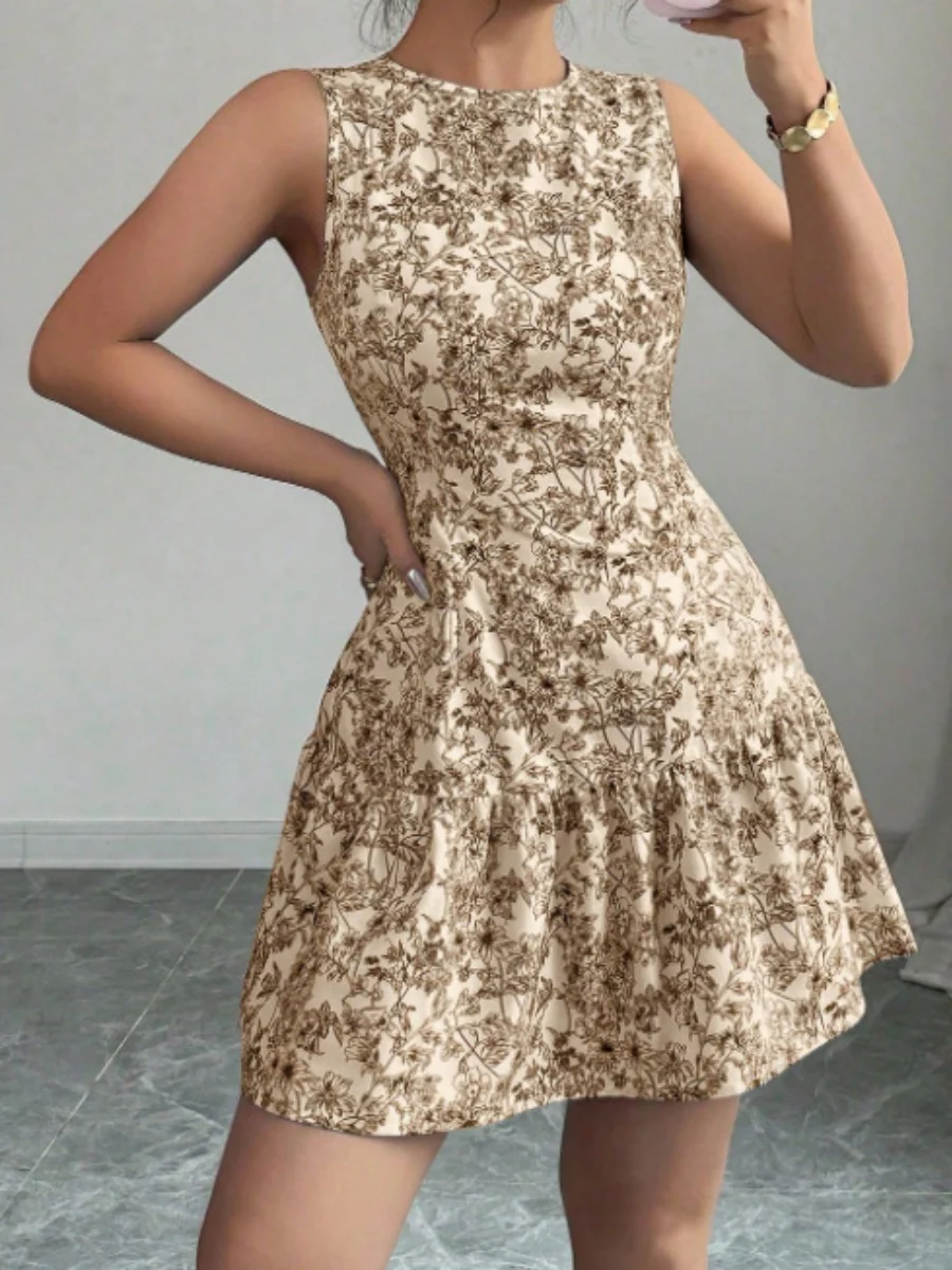 Bohemian Style French Elegance Floral Print Sleeveless Belted Short Dress - Image 4