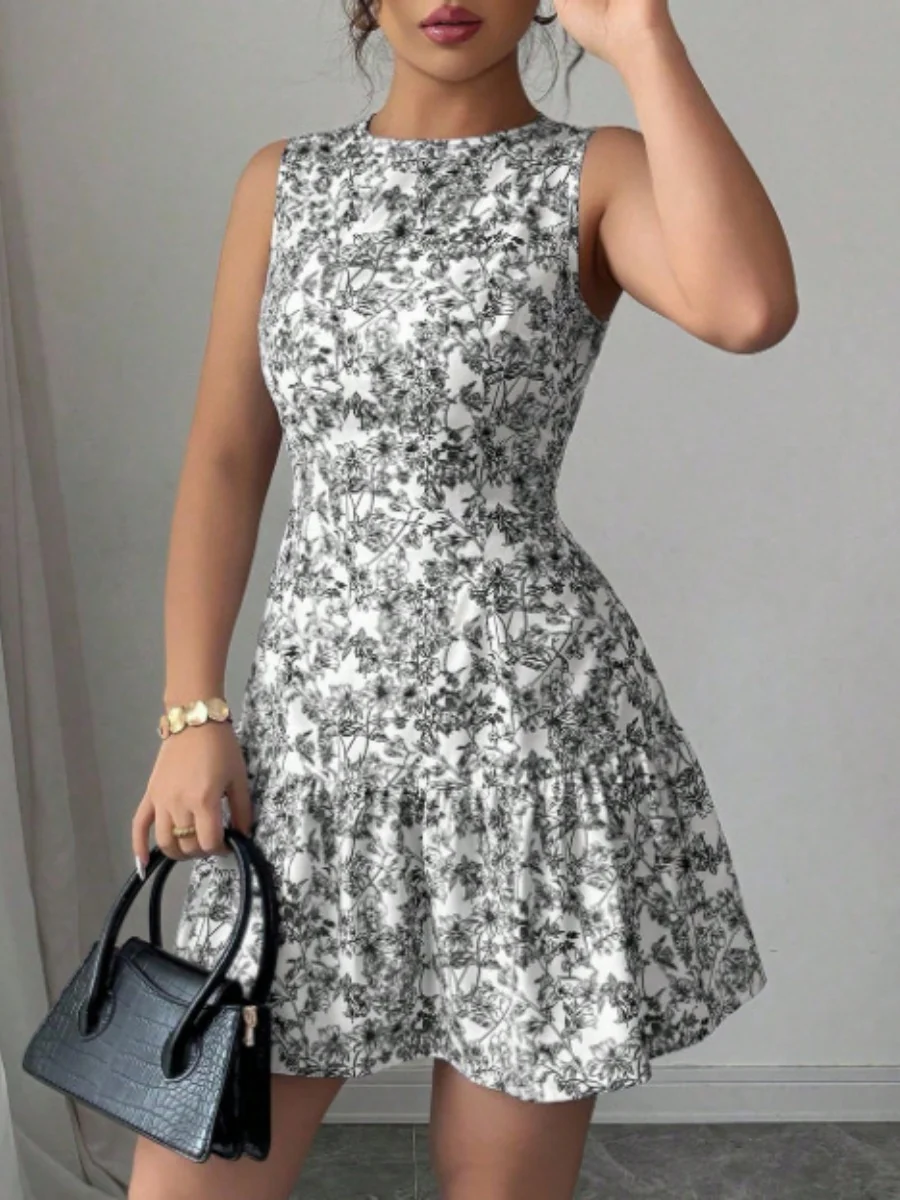 Bohemian Style French Elegance Floral Print Sleeveless Belted Short Dress - Image 6