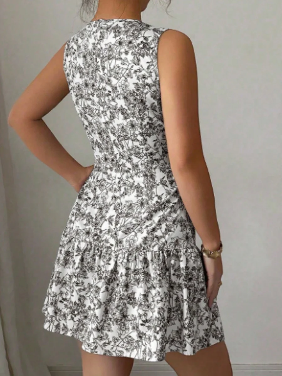 Bohemian Style French Elegance Floral Print Sleeveless Belted Short Dress - Image 7