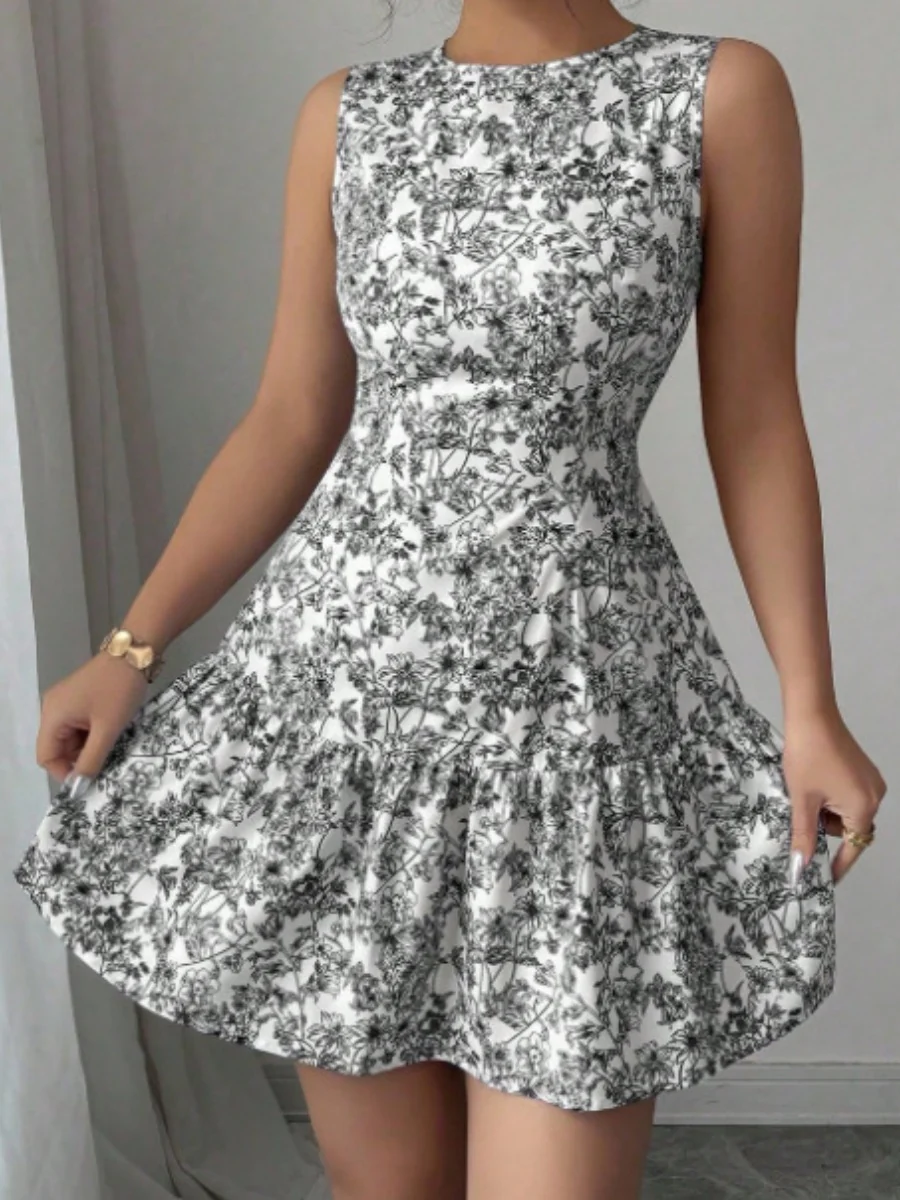 Bohemian Style French Elegance Floral Print Sleeveless Belted Short Dress - Image 8