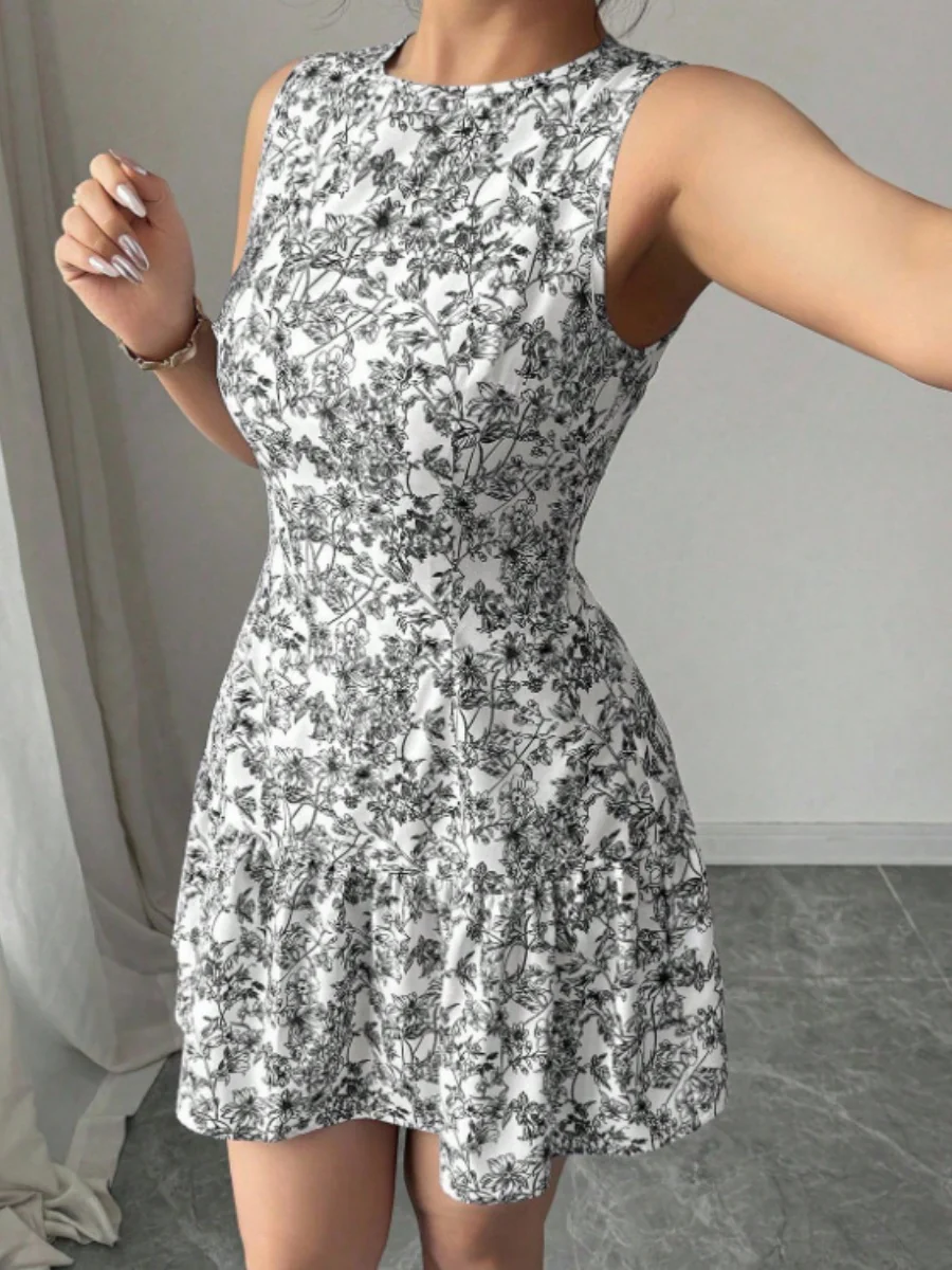 Bohemian Style French Elegance Floral Print Sleeveless Belted Short Dress - Image 9