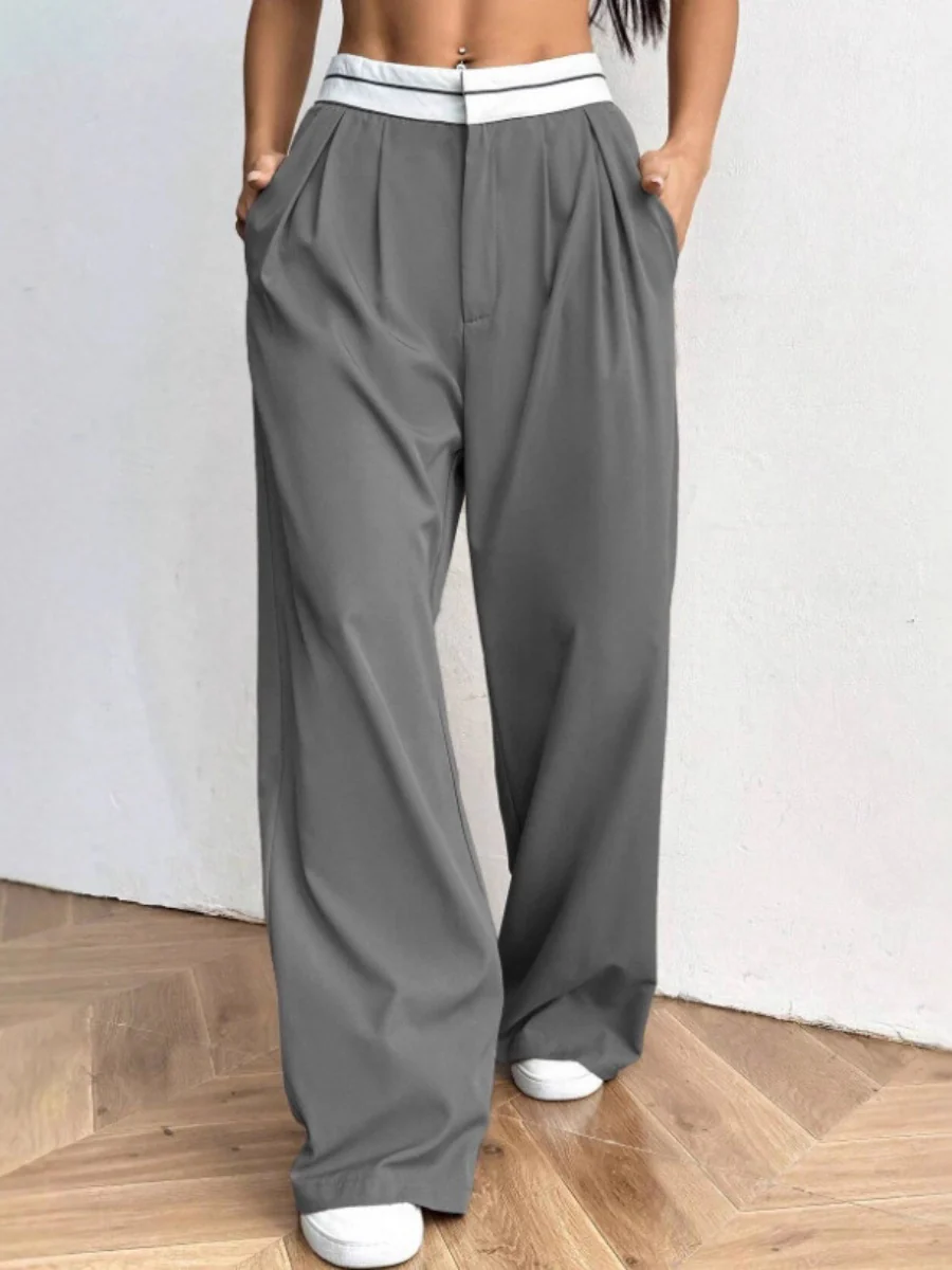 Color-blocked Belted Wide-leg Suit Trousers