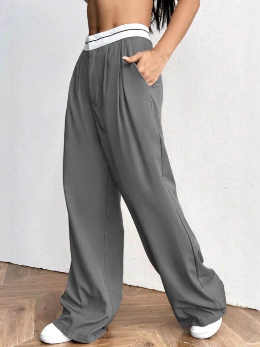 Color-blocked Belted Wide-leg Suit Trousers - Image 3
