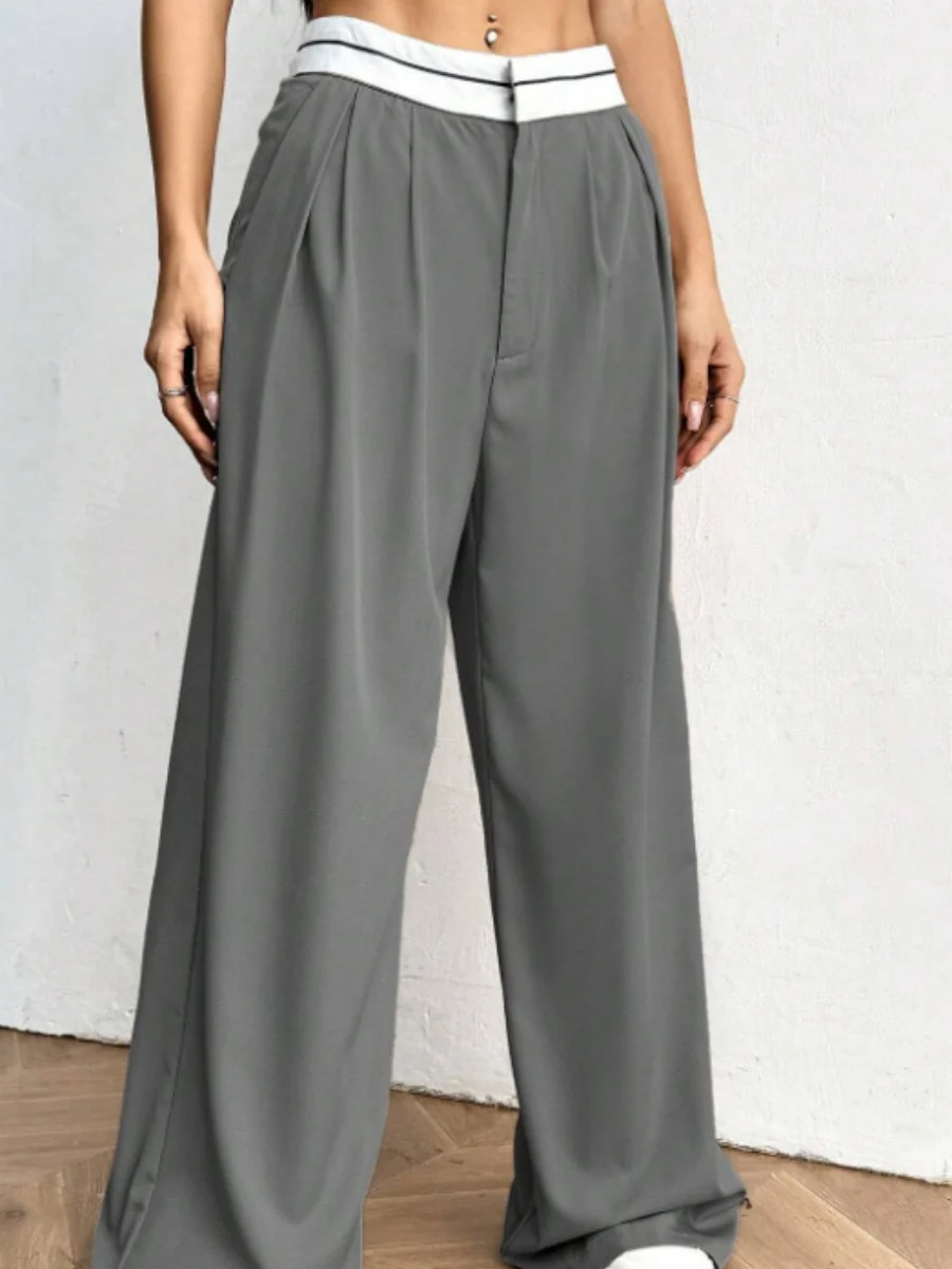 Color-blocked Belted Wide-leg Suit Trousers - Image 4
