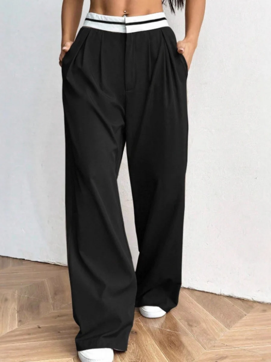Color-blocked Belted Wide-leg Suit Trousers - Image 5