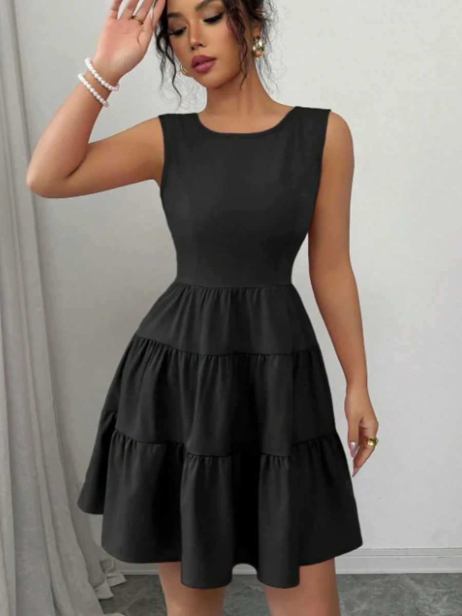 A-line Solid Color Backless Sleeveless Short Dress With A Cinched Waist And Bow - Image 3