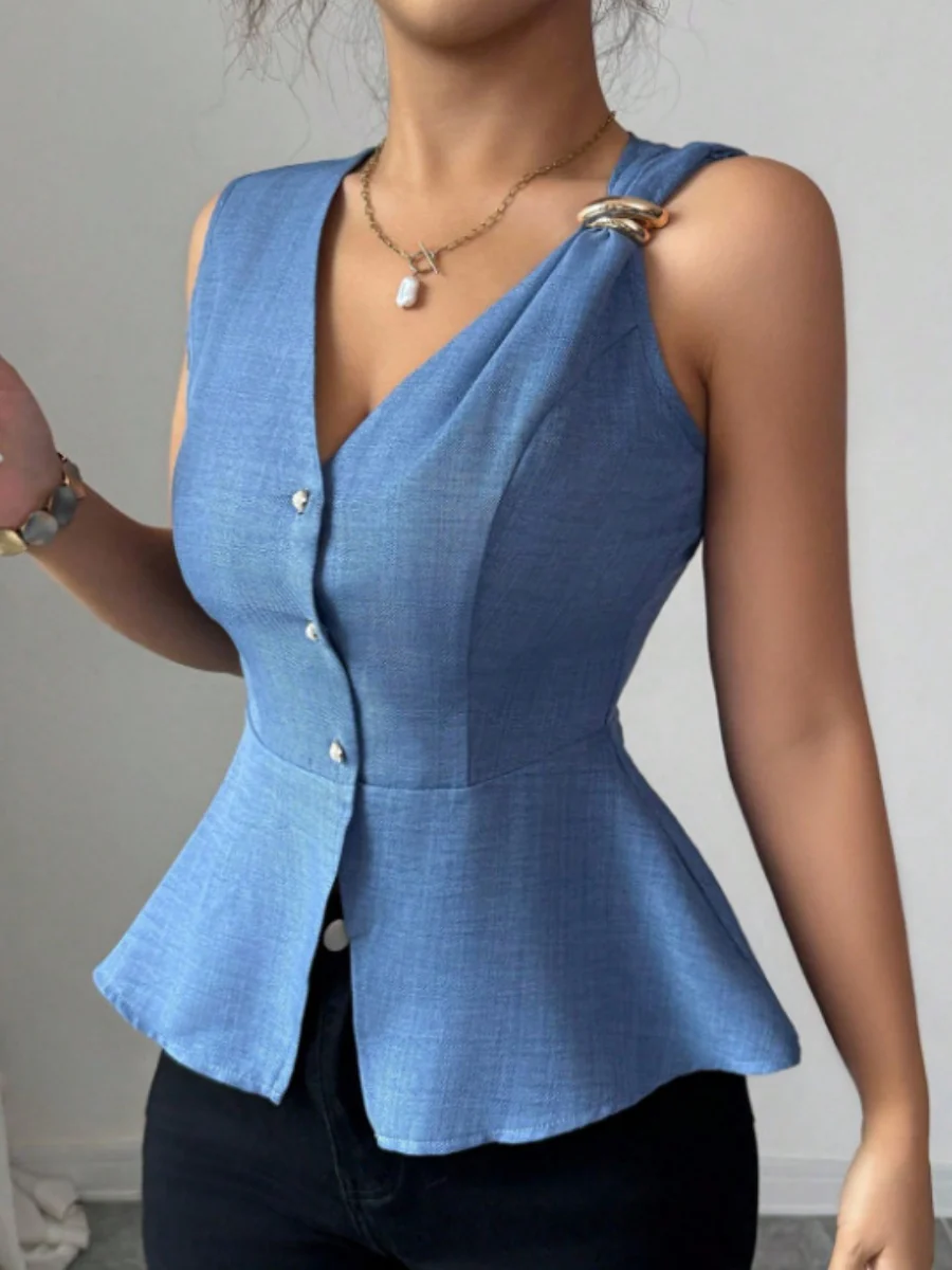 Metal Buckle Design V-neck Sleeveless Fitted Waist Vest - Image 3